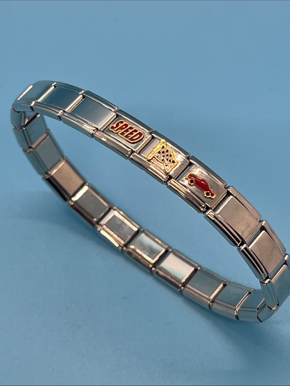 For Him Stainless Steel Racing Link Bracelet - Silver with Red & Gold Accents